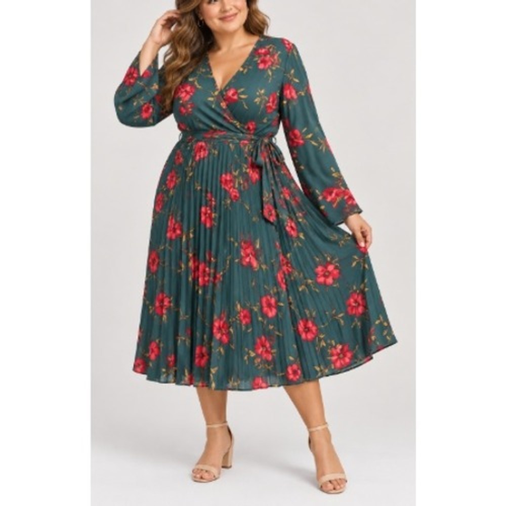 PrettyLittleThing Womens Teal Red Floral Pleated Wrap Satin Midi Dress Size 2X